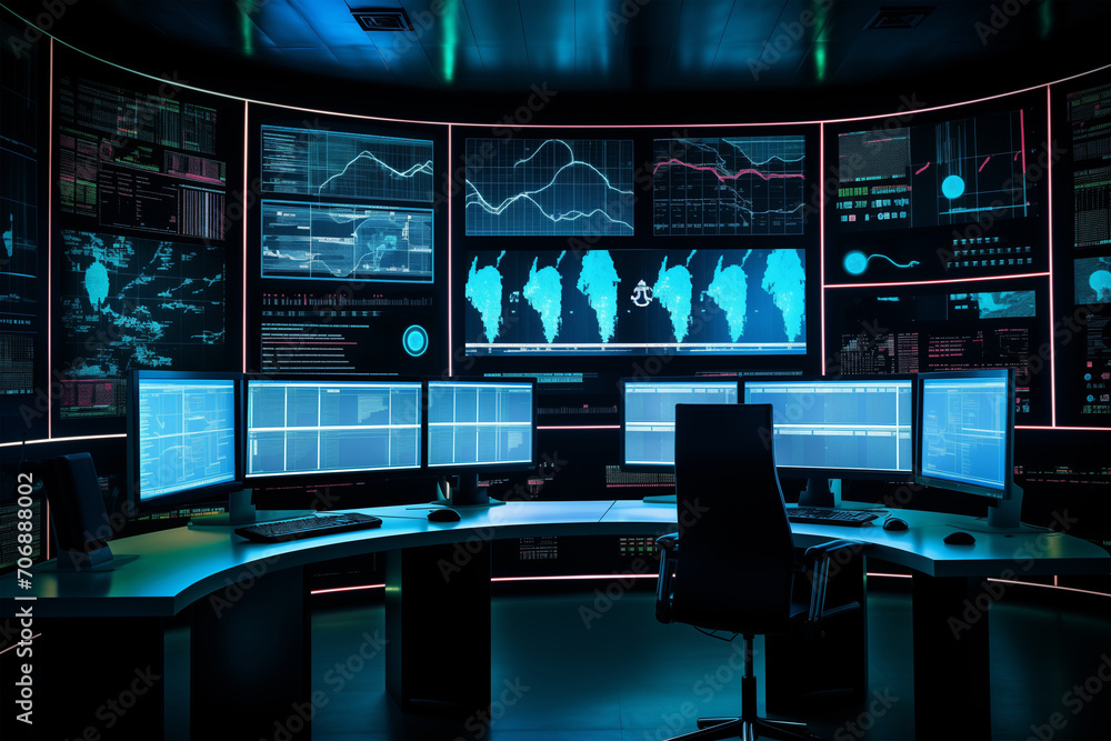 Poster futuristic data monitoring or analytics room, modern digital technology office with big computer scr