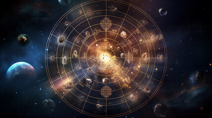 Zodiac signs inside of horoscope circle. Astrology in the sky with many stars and moons astrology and horoscopes concep. - obrazy, fototapety, plakaty