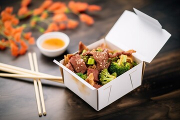 Fototapeta na wymiar beef and broccoli in a takeout box with fortune cookies beside