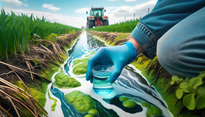 Collecting a water sample from a stream of water to measure any contaminants that may have run off from the agriculture crop farming in the form of pesticides or fertilizers.  - obrazy, fototapety, plakaty