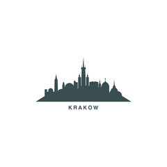 Fototapeta premium Krakow City cityscape skyline panorama vector flat modern logo icon. Poland town emblem idea with landmarks and building silhouettes. Isolated black shape graphic