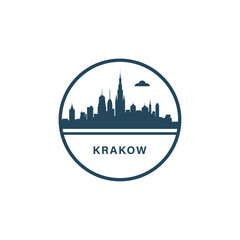 Krakow City cityscape skyline panorama vector flat modern logo icon. Poland town emblem idea with landmarks and building silhouettes. Isolated black shape graphic