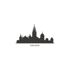 Fototapeta premium Krakow City cityscape skyline panorama vector flat modern logo icon. Poland town emblem idea with landmarks and building silhouettes. Isolated black shape graphic