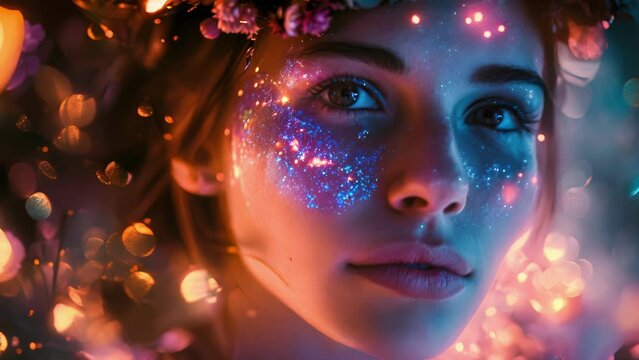 A beauty shot of a woman with a celestial crown and intricate face jewels, her features radiating with the colors and patterns of a nebula.