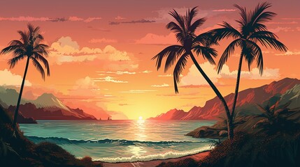 Craft a dreamy image of a coastal landscape with a palm tree, using your fingerprints as coconuts, each concealing a love note. - obrazy, fototapety, plakaty