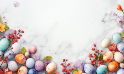 Easter banner in pastel colors with eggs and flowers with empty space generated AI