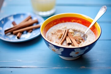 porridge with brown sugar and cinnamon sticks - obrazy, fototapety, plakaty