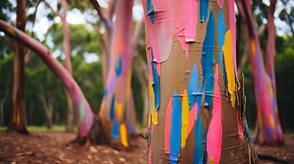 Craft a whimsical image of a rainbow eucalyptus tree, where your fingerprints mimic its vibrant, colorful bark with hidden love notes.
