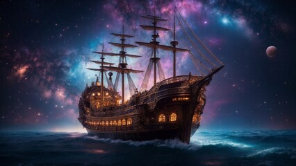 Fototapeta premium In the midst of a time-worn cosmos, a breathtaking steampunk caravel sails amidst the electrifying wonders of the universe, captured in a mesmerizing long exposure cinematic photograph. 