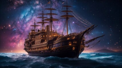 In the midst of a time-worn cosmos, a breathtaking steampunk caravel sails amidst the electrifying...