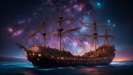 Naklejka premium In the midst of a time-worn cosmos, a breathtaking steampunk caravel sails amidst the electrifying wonders of the universe, captured in a mesmerizing long exposure cinematic photograph. 