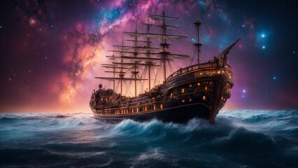 In the midst of a time-worn cosmos, a breathtaking steampunk caravel sails amidst the electrifying wonders of the universe, captured in a mesmerizing long exposure cinematic photograph.  - obrazy, fototapety, plakaty