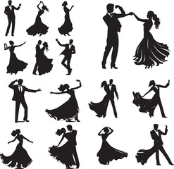 Young couples silhouette dancing on white background  - obrazy, fototapety, plakaty