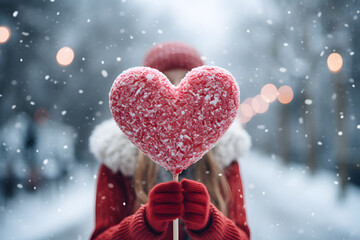 The girl holds a large heart-shaped lollipop in her hands and covers her face with it. St. Valentine day concept