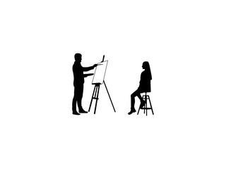 Painter silhouette. Silhouette of a person painting on a canvas. Artist with a palette, easel, and paintbrush vector.