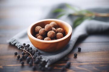cacao energy balls in a small wooden bowl