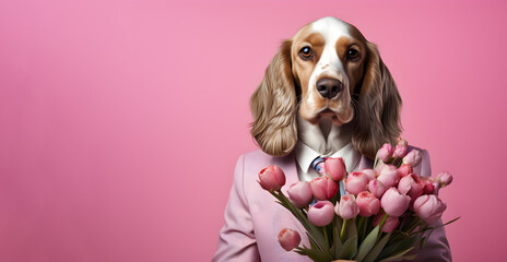 A anthropoid dog in a business suit with a bouquet on a pink background. Copy space. Banner.