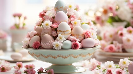 Elegant Easter Table.Vibrant Spring Flower Arrangements and Intricately Painted Eggs