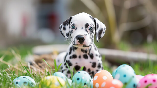 A funny little Dalmatian puppy that looks like he just painted some Easter eggs. AI Generative