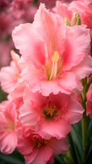 Naklejka na ściany i meble photo close up on beatifull light pink gladiolus flower details. AI generated