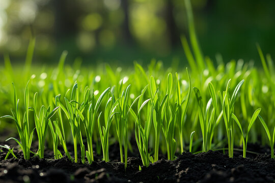 green grass sprouts in early spring. fresh early morning. nature, fitness. green and healthy life style, start of life. March, april, february.