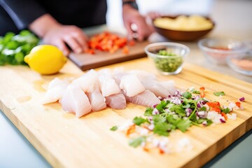 ceviche making process with chopped ingredients on a chopping board