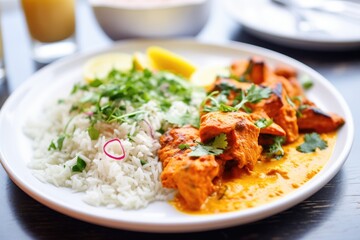 close-up of creamy chicken tikka with rice on a plate