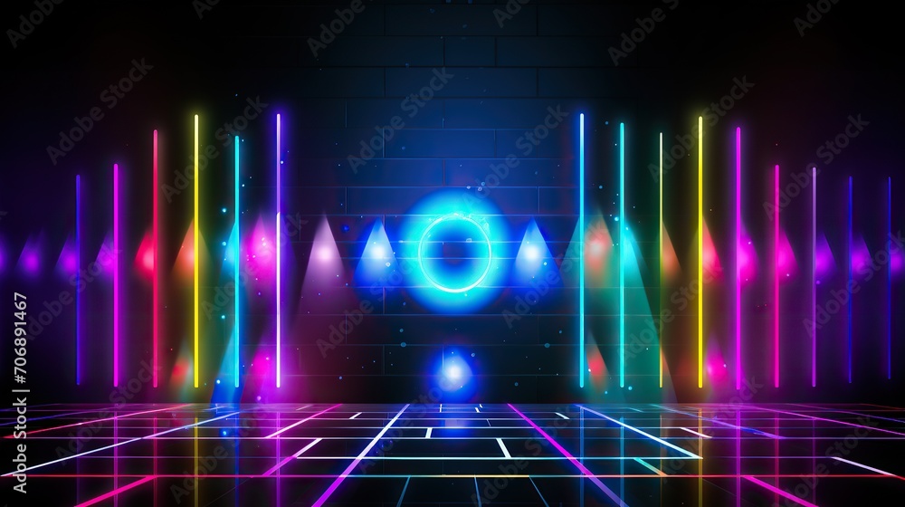 Poster neon lights, spotlights and ray.neon triangle frame with glowing effect on dark background. blank gl