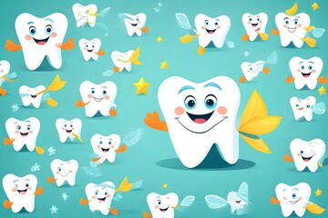 Happy White Healthy Tooth Smiling fairy Vector Illustration. Cartoon Smiley Tooth suitable for Children Dental Clinic. Tooth Character for Kids. Cute Dentist Mascot Poster
