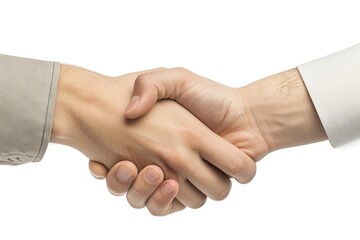 Close-up of two people shaking hands on a white background. Unity and teamwork concept.