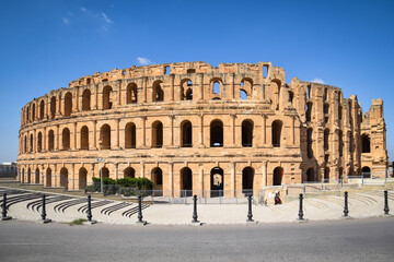 The ruins of ancient roman amphitheater in El-Jem. The largest colosseum in North Africa. Mahdia...