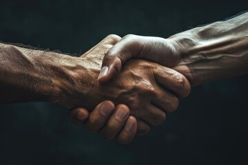 Close up photo of two men shaking hands. Dark background