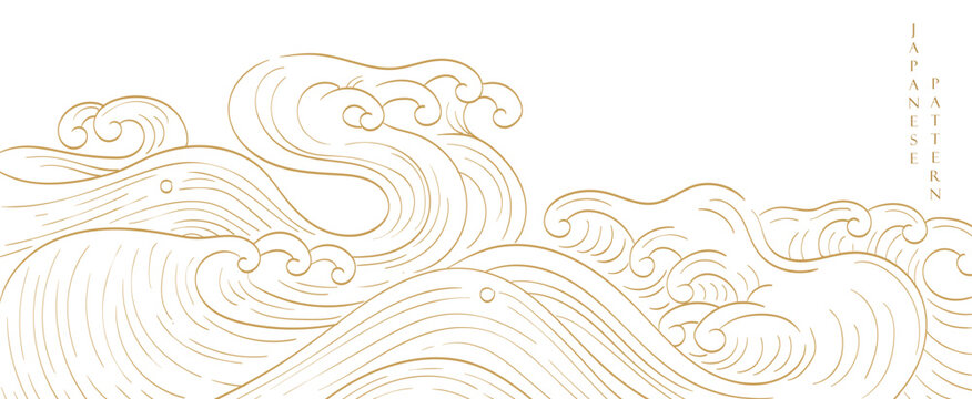 Abstract landscape with Japanese wave pattern vector. Nature art background with Chinese wave and cloud template in oriental style.