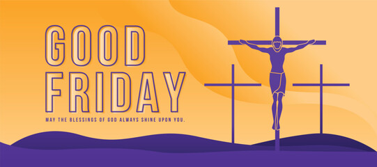 Good friday purple jesus christ crucified and three cross on gold sky background vector design
