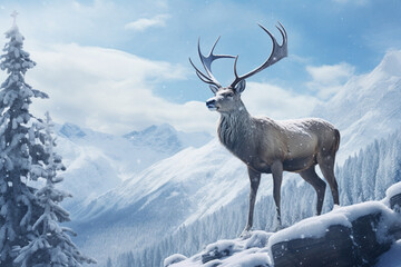 Deer in the mountains and snow 