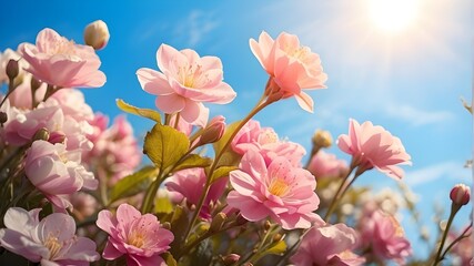 Spring flowers with sky and sun light in morning time