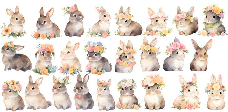 Watercolor baby rabbit with flower clipart for graphic resources