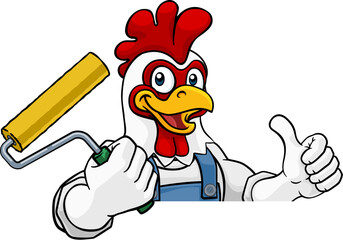 A chicken or rooster painter decorator handyman cartoon construction man mascot character holding a paint roller tool - obrazy, fototapety, plakaty