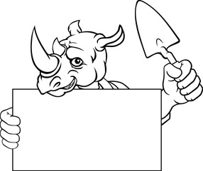 A bricklayer rhino handyman cartoon construction mascot character holding a trowel tool