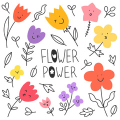 Funny cartoon flowers. Cute vector set of smiling flowers and leaves on white background. 