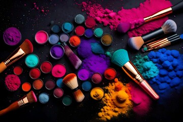 Cosmetic Brushes And Explosion Colorful Powders beautiful view.
