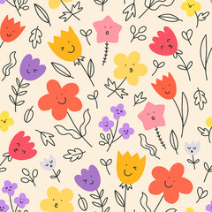 Funny cartoon flowers. Cute seamless vector pattern with smiling flowers on beige background. Texture for wrapping paper or textile