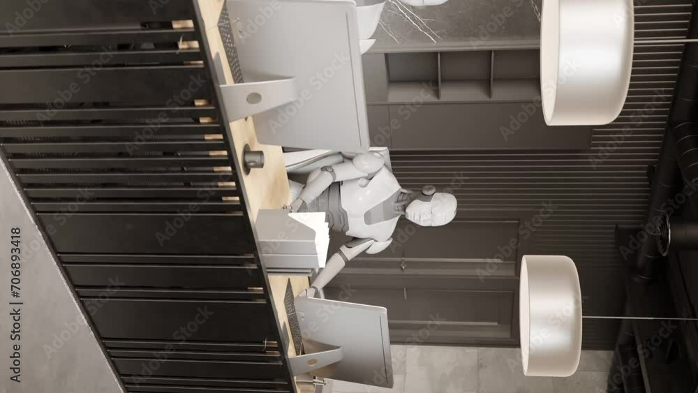 Poster team colleague of futuristic robot humanoid cyber working together in office reception desk in hotel