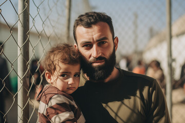 Portrait of refugee family dad and son child at border checkpoint of tent camp. Concept Illegal immigrant due to war, loss of home - obrazy, fototapety, plakaty