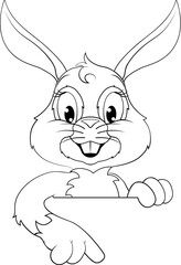 Obraz na płótnie Canvas An Easter bunny rabbit cartoon character peeking around a sign