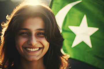 Portrait happy child boy on background Pakistan flag. Unity and Independence Day concept - obrazy, fototapety, plakaty