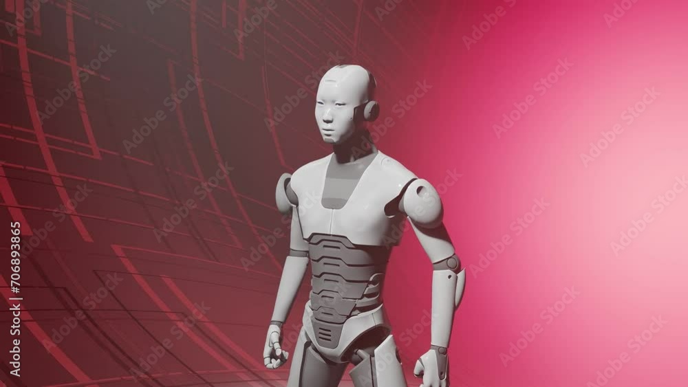 Poster humanoid robot artificial intelligence prototype factory standing in red background moving slowly te