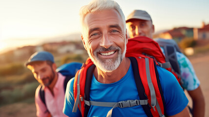 Concept banner elderly adventure. Portrait happy elder man tourists hiker with backpacks walks in mountains at sunset. - obrazy, fototapety, plakaty