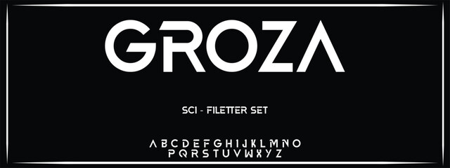 GROZA, Sports minimal tech font letter set. Luxury vector typeface for company. Modern gaming fonts logo design