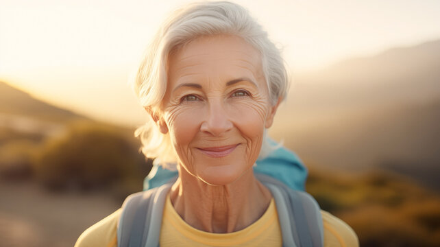 Portrait happy elder woman tourists hiker with backpacks walks in mountains at sunset. Concept banner elderly adventure.